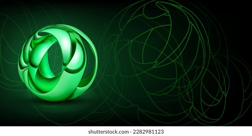 Abstract background with a figure made of green plates, curved and intertwined in the form of a sphere and a outlines of geometric shapes on a dark background