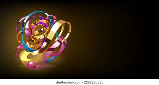Abstract background with a figure made of intertwined multicolored shiny metallic ribbons on a dark background