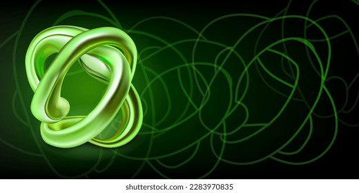 Fondo abstracto con una figura de nudo de color verde retorcido y contornos de formas geométricas sobre un fondo oscuro
