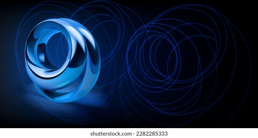 Abstract background with a figure made of two shiny metal rings of blue color and a outlines of geometric shapes on a dark background