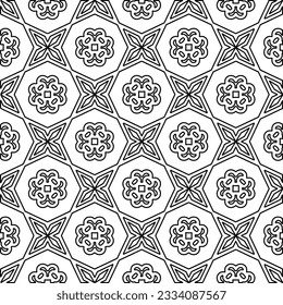 Abstract background with figures from lines. black and white pattern for web page, textures, card, poster, fabric, textile. Monochrome graphic repeating design.