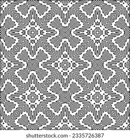 Abstract background with figures from lines. black and white pattern for web page, textures, card, poster, fabric, textile. Monochrome graphic repeating design.