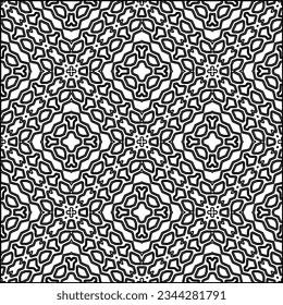 Abstract background with figures from lines. black and white pattern for web page, textures, card, poster, fabric, textile. Monochrome graphic repeating design.