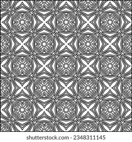 Abstract background with figures from lines. black and white pattern for web page, textures, card, poster, fabric, textile. Monochrome graphic repeating design.
