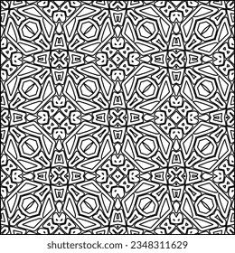 Abstract background with figures from lines. black and white pattern for web page, textures, card, poster, fabric, textile. Monochrome graphic repeating design.
