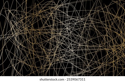 Un fondo abstracto lleno de líneas caóticas en tonos dorados y blancos sobre un fondo negro. Concepto de diseño dinámico. Ilustración vectorial
