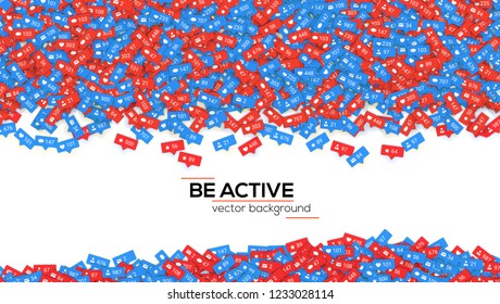 Abstract background filled with falling from above different icons of social media network activity. Motivational poster, be active. Notification of likes, comments, followers. Vector illustration.