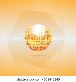 Abstract background filled orange gradient with sphere like disco ball and light smooth layers on sides