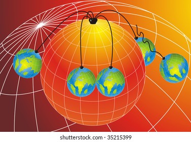Abstract background with five small world globes hanging from one Big world globe