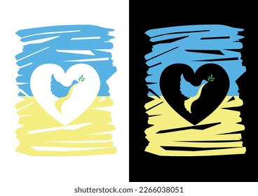 Abstract background with the flag of ukraine in the shape of a heart and a dove of peace. I love Ukraine. Stop the war. Support Ukraine. Pray for Ukraine.