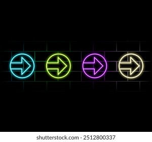 Abstract background with flashing neon lights of green blue pink violet colors glowing in arrowhead lines pattern on shiny reflecting stage.