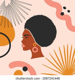 Antecedentes abstractos con una mujer negra de arte plano.