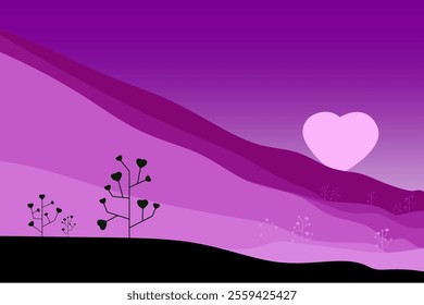 abstract background, flat design heart shape elements, landscape theme, vector shapes easy to edit
