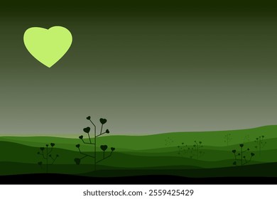 abstract background, flat design heart shape elements, landscape theme, vector shapes easy to edit
