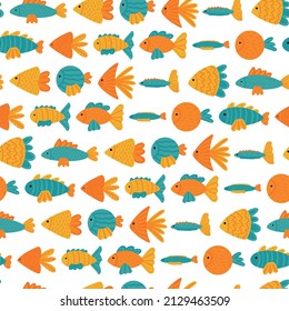Abstract background with flat sea fish with different designs. Vector hand-drawn seamless pattern.