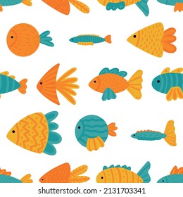 Abstract background with flat sea fish with different designs. Vector hand-drawn seamless pattern.