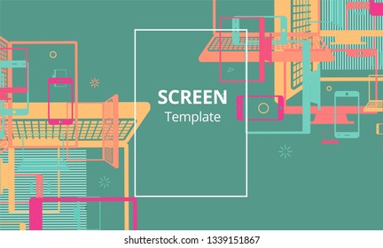 Abstract Background with flat smartphone, computer monitor, laptop.