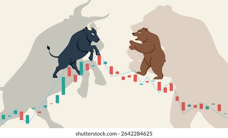 abstract background of flat vector stock market candlestick with bull and bear character