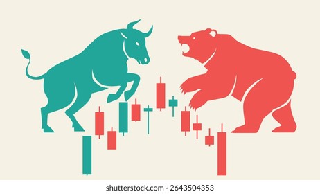 abstract background of flat vector stock market bull and bear and candlestick graph
