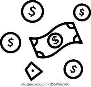 Abstract background with floating coins and dollar bills concept as A high angle shot of an abstract background with floating holographic coins and dollar bills. The image represents wealth and financ