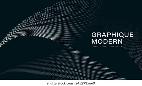 Abstract background. Floating dots, particles, wave pattern, 3D curve, halftone gradient curve shape isolated on dark background. Vector in the concept of technology, science, music, modernity.