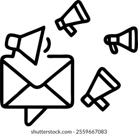 Abstract background with floating email and megaphone icons concept as A high angle shot of an abstract background with floating holographic email and megaphone icons. The image represents marketing c