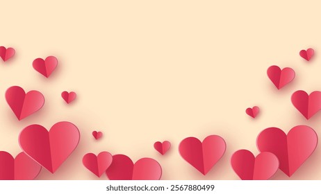 Abstract background with floating paper cut hearts. Modern design for Valentine’s Day, Mother’s Day and Women’s Day. Vector illustration