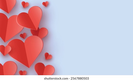 Abstract background with floating paper cut hearts. Modern design for Valentine’s Day, Mother’s Day and Women’s Day. Vector illustration