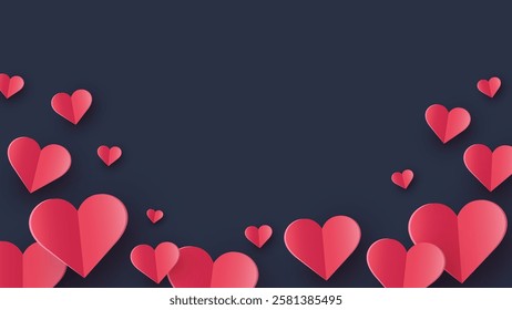 Abstract background with floating paper cut hearts. Modern design for Valentine’s Day, Mother’s Day and Women’s Day. Vector illustration