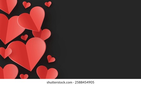 Abstract background with floating paper cut hearts. Modern design for Valentine’s Day, Mother’s Day and Women’s Day. Vector illustration