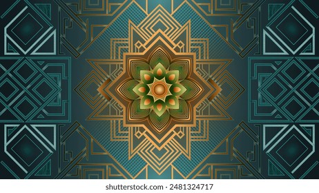 abstract background floral feather mandala design adorned with intricate patterns in blue, green, and gold.