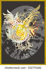 Abstract background with floral splashes. Grunge background with floral elements, blood drops and splashes