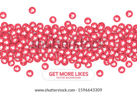 Abstract background. Flow likes icons in red color on a white background. Social media marketing. Streaming. Get more likes. Social media Youtube concept. Patter, cover. Vector illustration. EPS 10