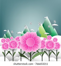 abstract background, Flower with Birds on the sky with a cloud with  Mountain  , vector illustration