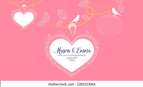 Abstract background with flower buds and birds. Flower greeting frame in the shape of a heart. Heart with flower petals.