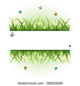 Abstract background with flowers, butterflies and ladybugs, illustration.