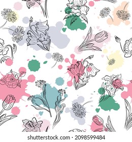 
Abstract background of flowers and colored spots. Vector illustration.