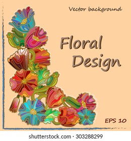 Abstract background with flowers, leaves and buds of colorful poppies in the stained glass style 