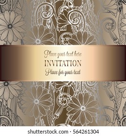 Abstract background with flowers, luxury beige and gold vintage tracery made of daisy flowers, damask floral wallpaper ornaments, invitation card, baroque style booklet, fashion pattern