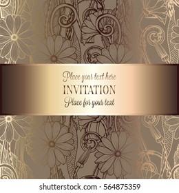 Abstract background with flowers, luxury beige and gold vintage tracery made of daisy flowers, damask floral wallpaper ornaments, invitation card, baroque style booklet, fashion pattern