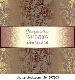 Abstract background with flowers, luxury beige and gold vintage tracery made of daisy flowers, damask floral wallpaper ornaments, invitation card, baroque style booklet, fashion pattern