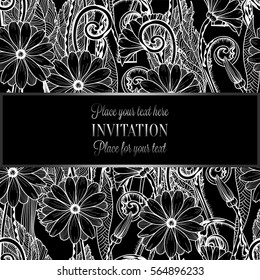 Abstract background with flowers, luxury black and silver vintage tracery made of daisy flowers, damask floral wallpaper ornaments, invitation card, baroque style booklet, fashion pattern.