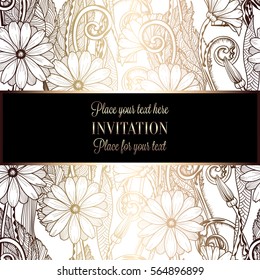 Abstract background with flowers, luxury black and silver vintage tracery made of daisy flowers, damask floral wallpaper ornaments, invitation card, baroque style booklet, fashion pattern.