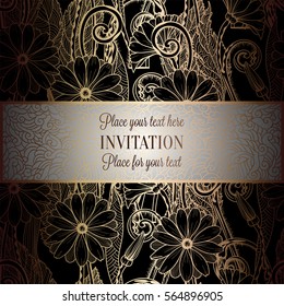 Abstract background with flowers, luxury black and gold vintage tracery made of daisy flowers, damask floral wallpaper ornaments, invitation card, baroque style booklet, fashion pattern.