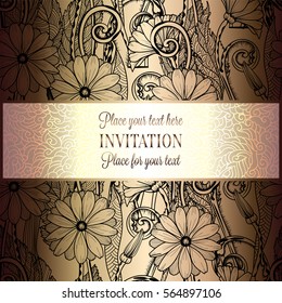 Abstract background with flowers, luxury black and gold vintage tracery made of daisy flowers, damask floral wallpaper ornaments, invitation card, baroque style booklet, fashion pattern.
