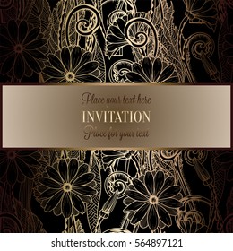 Abstract background with flowers, luxury black and gold vintage tracery made of daisy flowers, damask floral wallpaper ornaments, invitation card, baroque style booklet, fashion pattern.