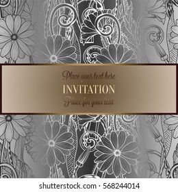 Abstract background with flowers, luxury black, gold and silver vintage tracery made of daisy flowers, damask floral wallpaper ornaments, invitation card, baroque style booklet, fashion pattern.