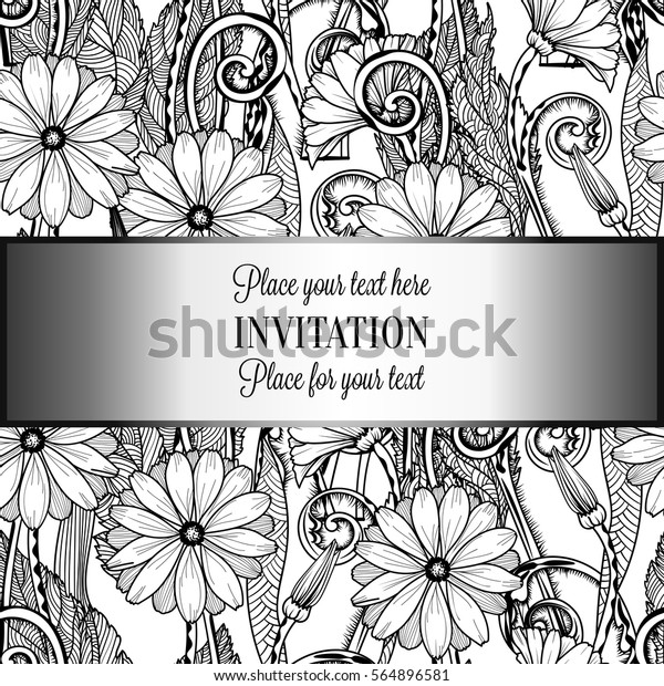 Abstract background with flowers, luxury black\
and silver vintage tracery made of daisy flowers, damask floral\
wallpaper ornaments, invitation card, baroque style booklet,\
fashion pattern.