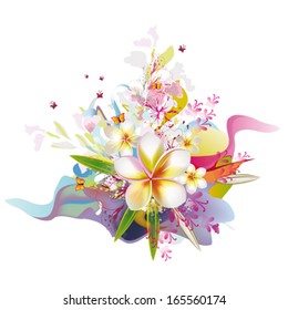 Abstract background with flowers and splashes of different colors, butterflies 