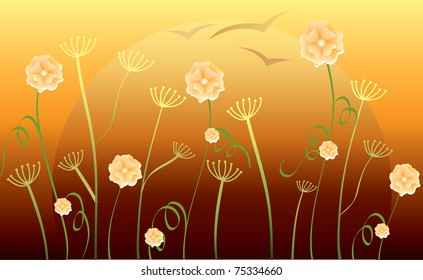 abstract background with flowers, sunset and birds, vector